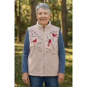 Croft‎ & Barrow Womens PXL Fleece Vest Red Cardinal Birds Embroidered Sherpa